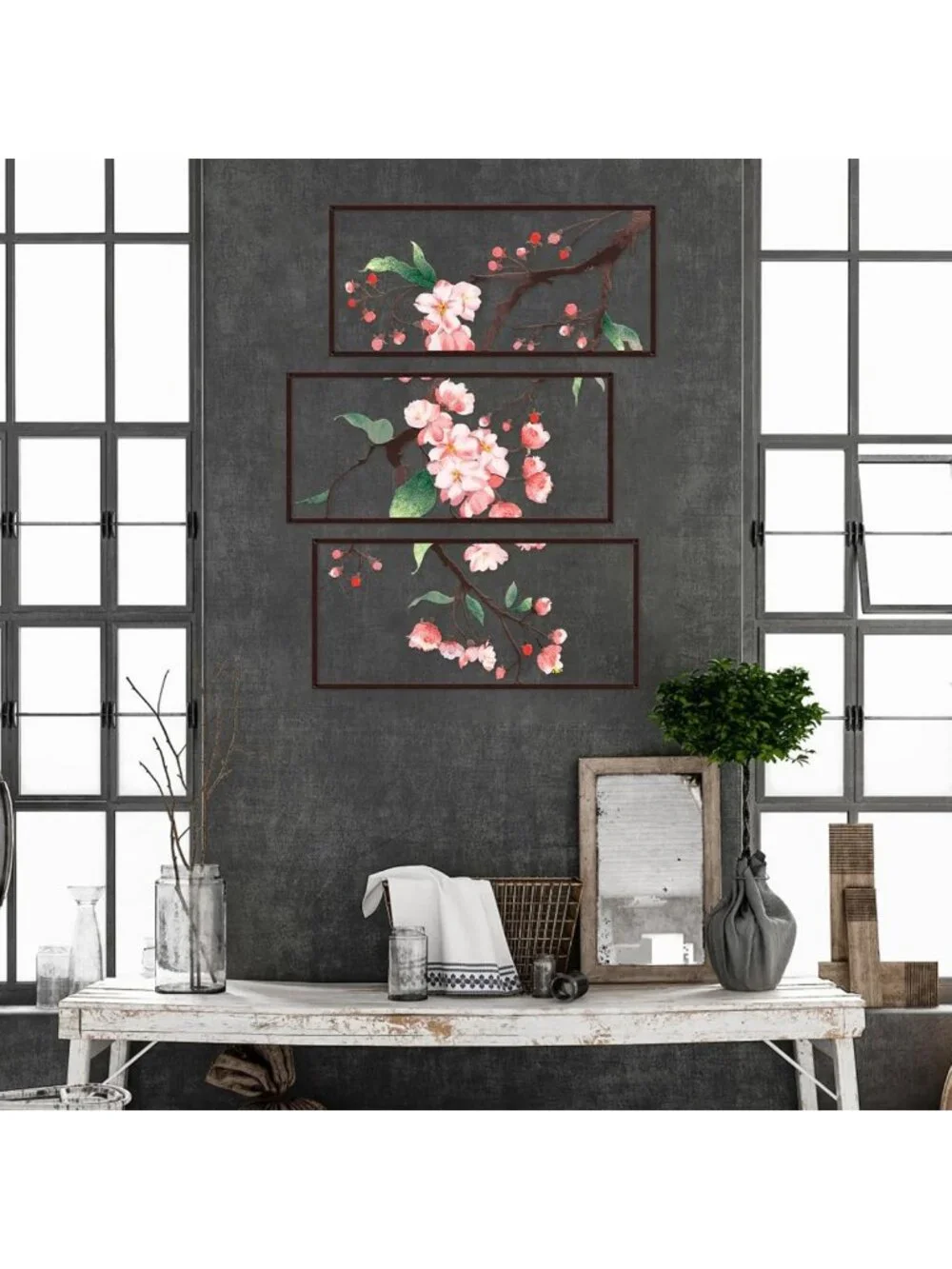 3-Piece Metal Flower Wall Art Set - Rustic 2D Floral Decor for Living Room